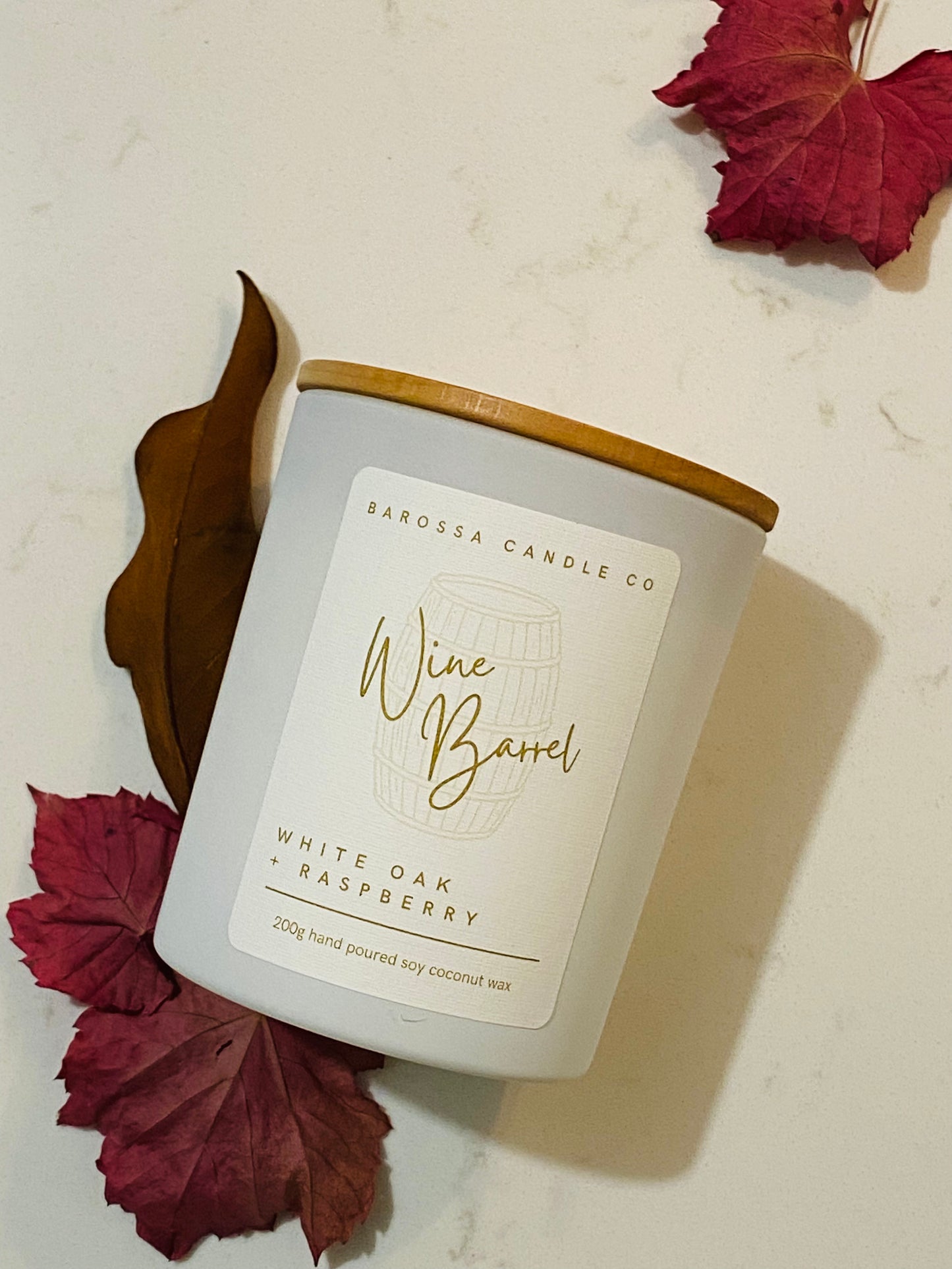 Wine Barrel: White Oak + Raspberry Coconut Soy Candle